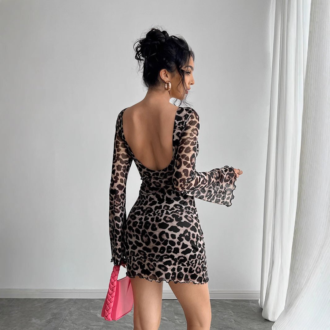 Women's sexy leopard print halter horn sleeve mesh dress - Negative Apparel