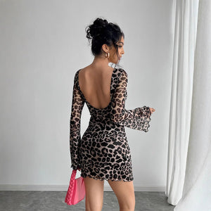 Women's sexy leopard print halter horn sleeve mesh dress - Negative Apparel