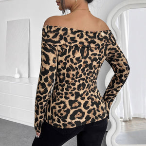 Women's sexy leopard print off - the - shoulder long - sleeved T-shirt - Negative Apparel