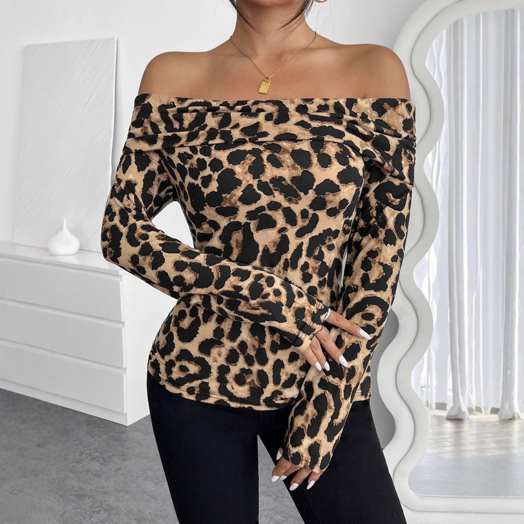 Women's sexy leopard print off - the - shoulder long - sleeved T-shirt - Negative Apparel