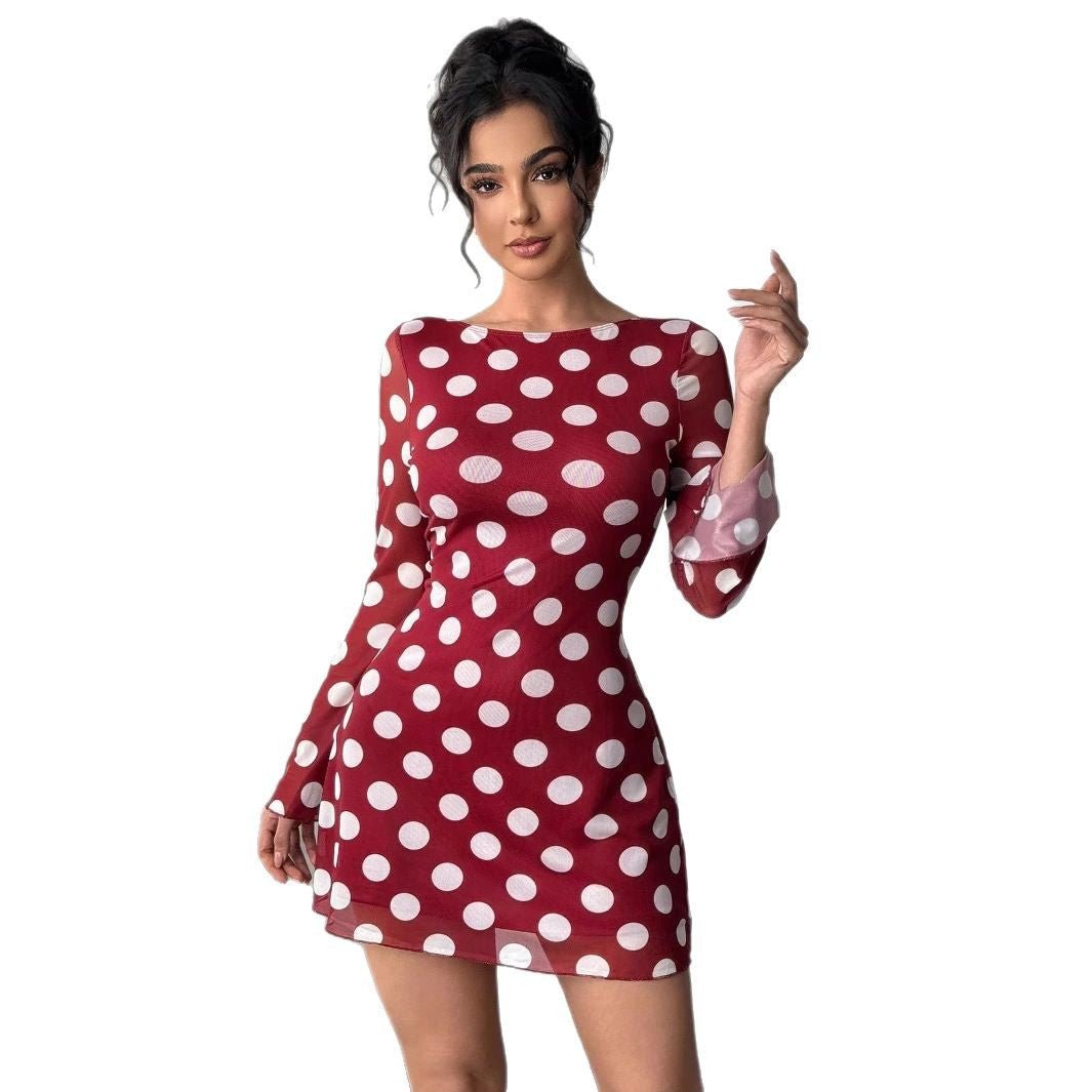 Women's sexy polka dot halter mesh horn sleeve mini dress - Negative Apparel