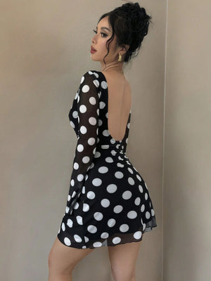 Women's sexy polka dot halter mesh horn sleeve mini dress - Negative Apparel
