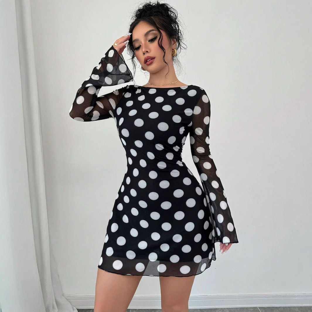 Women's sexy polka dot halter mesh horn sleeve mini dress - Negative Apparel