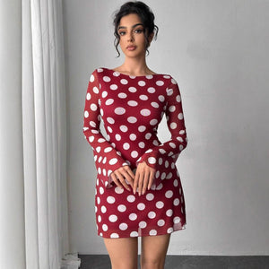 Women's sexy polka dot halter mesh horn sleeve mini dress - Negative Apparel