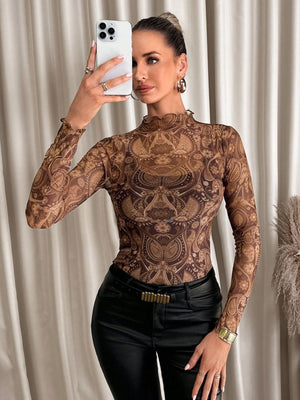 Women's sexy sense leopard print mesh fungus edge tights T-shirt top - Negative Apparel