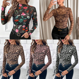 Women's sexy sense leopard print mesh fungus edge tights T-shirt top - Negative Apparel