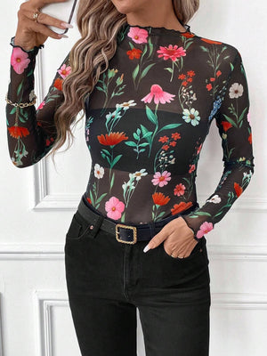 Women's sexy sense leopard print mesh fungus edge tights T-shirt top - Negative Apparel