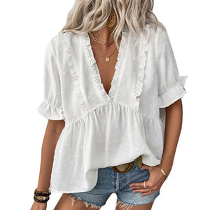 women's shirt 2025 summer vacation style an and n cut flower ball shirt short - sleeved lace - Negative Apparel