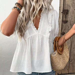 women's shirt 2025 summer vacation style an and n cut flower ball shirt short - sleeved lace - Negative Apparel