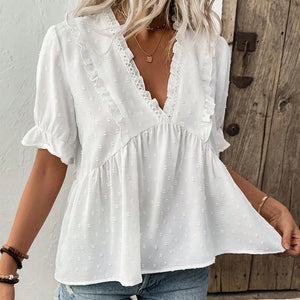 women's shirt 2025 summer vacation style an and n cut flower ball shirt short - sleeved lace - Negative Apparel