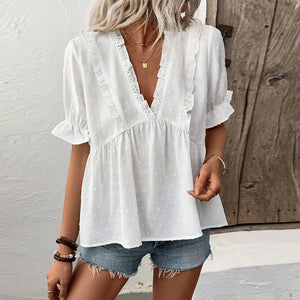 women's shirt 2025 summer vacation style an and n cut flower ball shirt short - sleeved lace - Negative Apparel