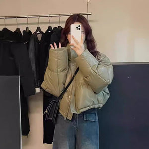 Women’s Short PU Artificial Fur Jacket – Semi - Turtleneck Zipper Coat - Negative Apparel