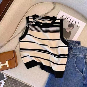 Women’s Sleeveless Striped Knit Sweater | Contrasting Colors Casual Top - Negative Apparel