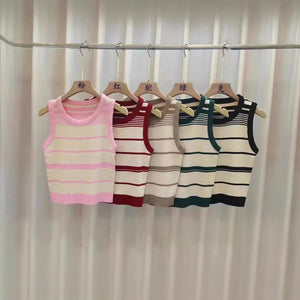 Women’s Sleeveless Striped Knit Sweater | Contrasting Colors Casual Top - Negative Apparel