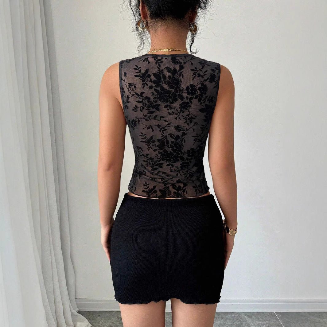 Women's slim - fit flocking mesh black contrasting lace V - neck vest top - Negative Apparel