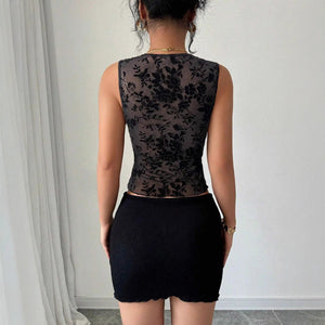 Women's slim - fit flocking mesh black contrasting lace V - neck vest top - Negative Apparel
