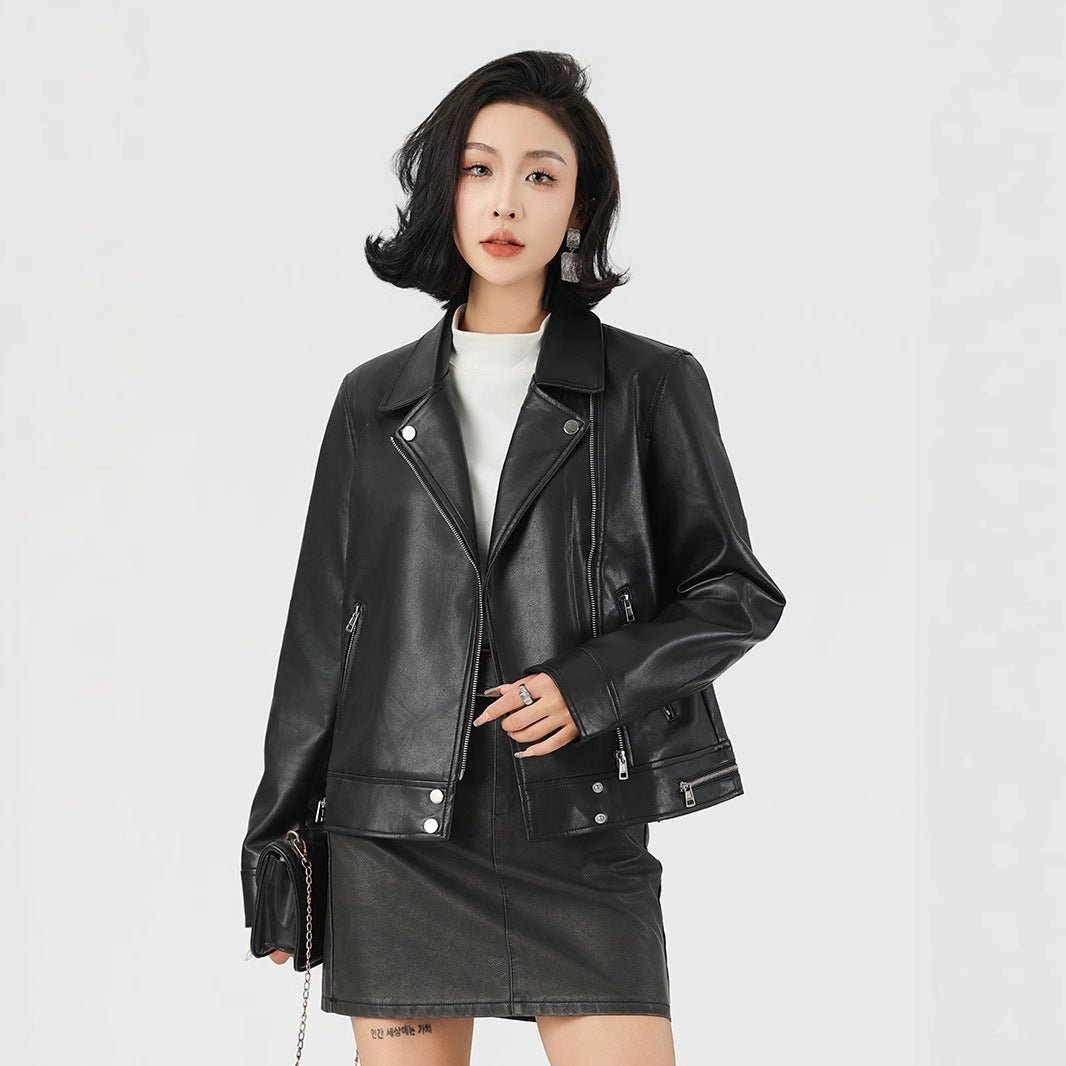 Women’s Slim Fit PU Leather Jacket | Lapel Zipper Style – Winters 2025 Collection - Negative Apparel