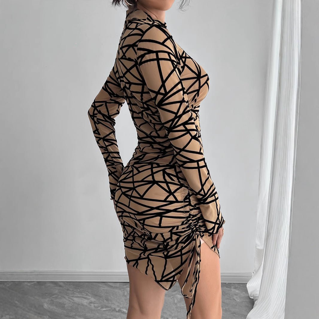 Women's slim - fit side drawstring small stand - up collar long - sleeved irregular short dress - Negative Apparel