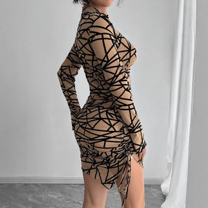 Women's slim - fit side drawstring small stand - up collar long - sleeved irregular short dress - Negative Apparel