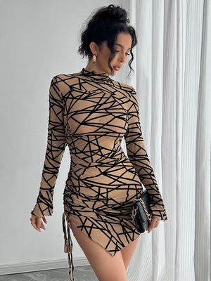 Women's slim - fit side drawstring small stand - up collar long - sleeved irregular short dress - Negative Apparel