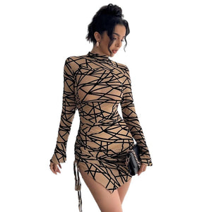 Women's slim - fit side drawstring small stand - up collar long - sleeved irregular short dress - Negative Apparel