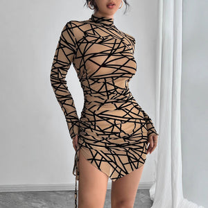 Women's slim - fit side drawstring small stand - up collar long - sleeved irregular short dress - Negative Apparel