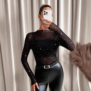 Women's small stand - up collar long - sleeved mesh sand transparent rhinestone decorative T-shirt top - Negative Apparel