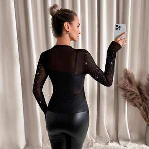 Women's small stand - up collar long - sleeved mesh sand transparent rhinestone decorative T-shirt top - Negative Apparel