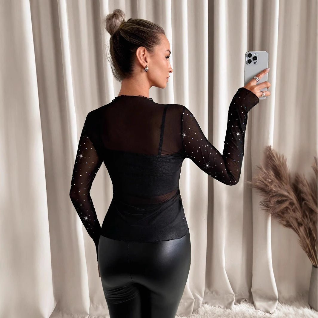 Women's small stand - up collar long - sleeved mesh sand transparent rhinestone decorative T-shirt top - Negative Apparel