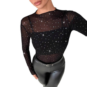 Women's small stand - up collar long - sleeved mesh sand transparent rhinestone decorative T-shirt top - Negative Apparel
