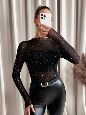Women's small stand - up collar long - sleeved mesh sand transparent rhinestone decorative T-shirt top - Negative Apparel