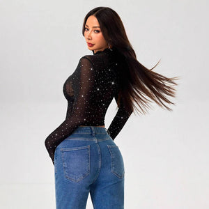 Women's small stand - up collar long - sleeved mesh transparent sequin decorative T-shirt - Negative Apparel