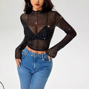 Women's small stand - up collar long - sleeved mesh transparent sequin decorative T-shirt - Negative Apparel