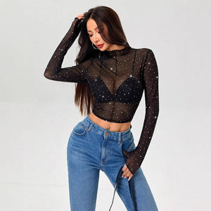 Women's small stand - up collar long - sleeved mesh transparent sequin decorative T-shirt - Negative Apparel