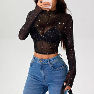 Women's small stand - up collar long - sleeved mesh transparent sequin decorative T-shirt - Negative Apparel