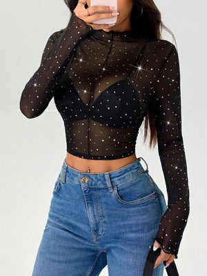 Women's small stand - up collar long - sleeved mesh transparent sequin decorative T-shirt - Negative Apparel