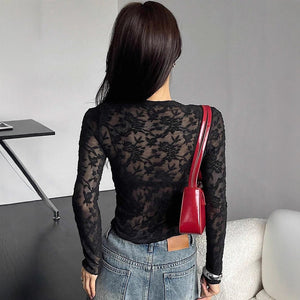 Women's small stand - up collar transparent lace tight long - sleeved T-shirt - Negative Apparel