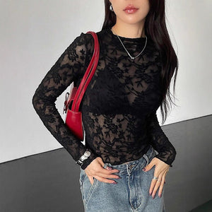 Women's small stand - up collar transparent lace tight long - sleeved T-shirt - Negative Apparel