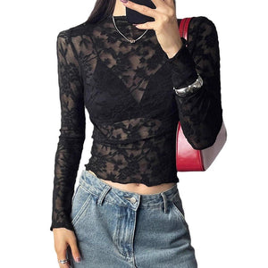 Women's small stand - up collar transparent lace tight long - sleeved T-shirt - Negative Apparel