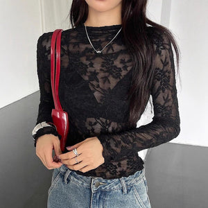 Women's small stand - up collar transparent lace tight long - sleeved T-shirt - Negative Apparel