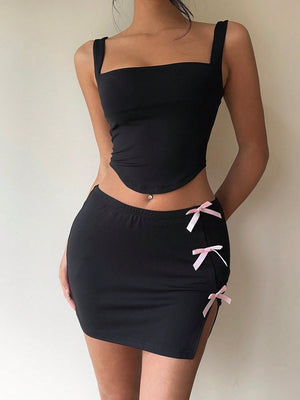 Women's Solid Black Sexy Retro Cute Top With Wide Collar & Short Hem, Paired With Ultra Low - Waist Fitted Mini Skirt With Bow Decoration & Slit, Autumn/Winter New Arrival.Valentine Day,Two Piece Set Women,Valentines,Crop Tops And Mini Skirt,Black Skirt - Negative Apparel