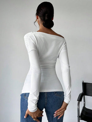 Women's Solid Color Asymmetrical Collar Wrap T-Shirt - Negative Apparel