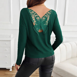 Women's solid color back splicing butterfly ribbed long - sleeved T-shirt top - Negative Apparel