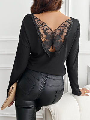 Women's solid color back splicing butterfly ribbed long - sleeved T-shirt top - Negative Apparel