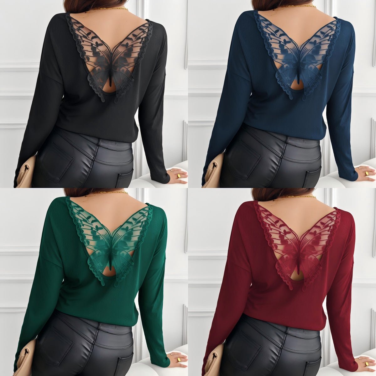 Women's solid color back splicing butterfly ribbed long - sleeved T-shirt top - Negative Apparel