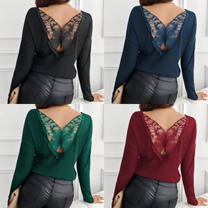 Women's solid color back splicing butterfly ribbed long - sleeved T-shirt top - Negative Apparel