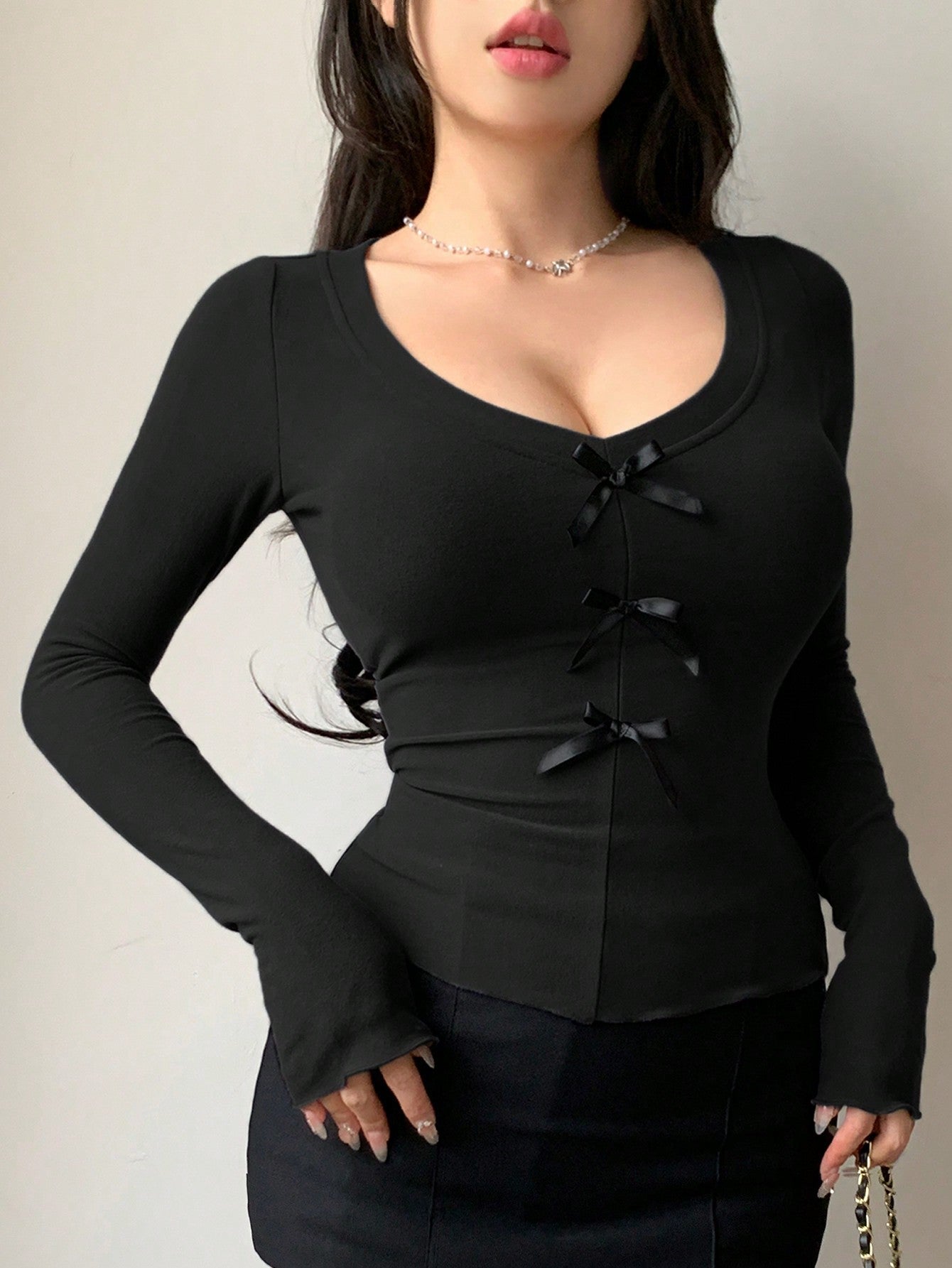 Women's Solid Color Bow Decor V - Neck Long Sleeve Slim Fit T-Shirt - Negative Apparel