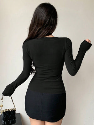 Women's Solid Color Bow Decor V - Neck Long Sleeve Slim Fit T-Shirt - Negative Apparel
