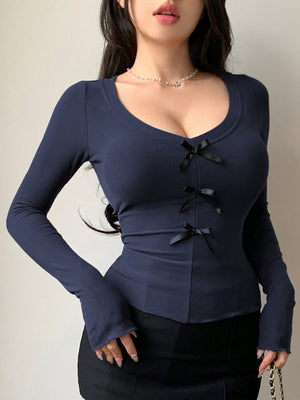 Women's Solid Color Bow Decor V - Neck Long Sleeve Slim Fit T-Shirt - Negative Apparel