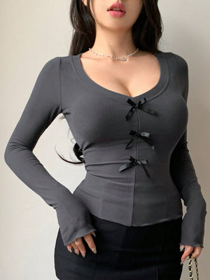 Women's Solid Color Bow Decor V - Neck Long Sleeve Slim Fit T-Shirt - Negative Apparel